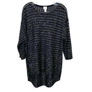 Chicos Womens XL 3 Sweater Tunic Sequin Black Party Evening Gold Boat Neck